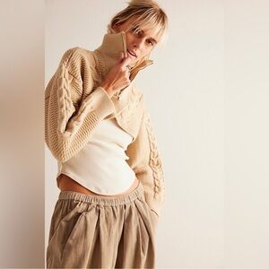 Free People Cropped Chunky Cable Knit Sweater Bolero Sand Woman's M/L New
